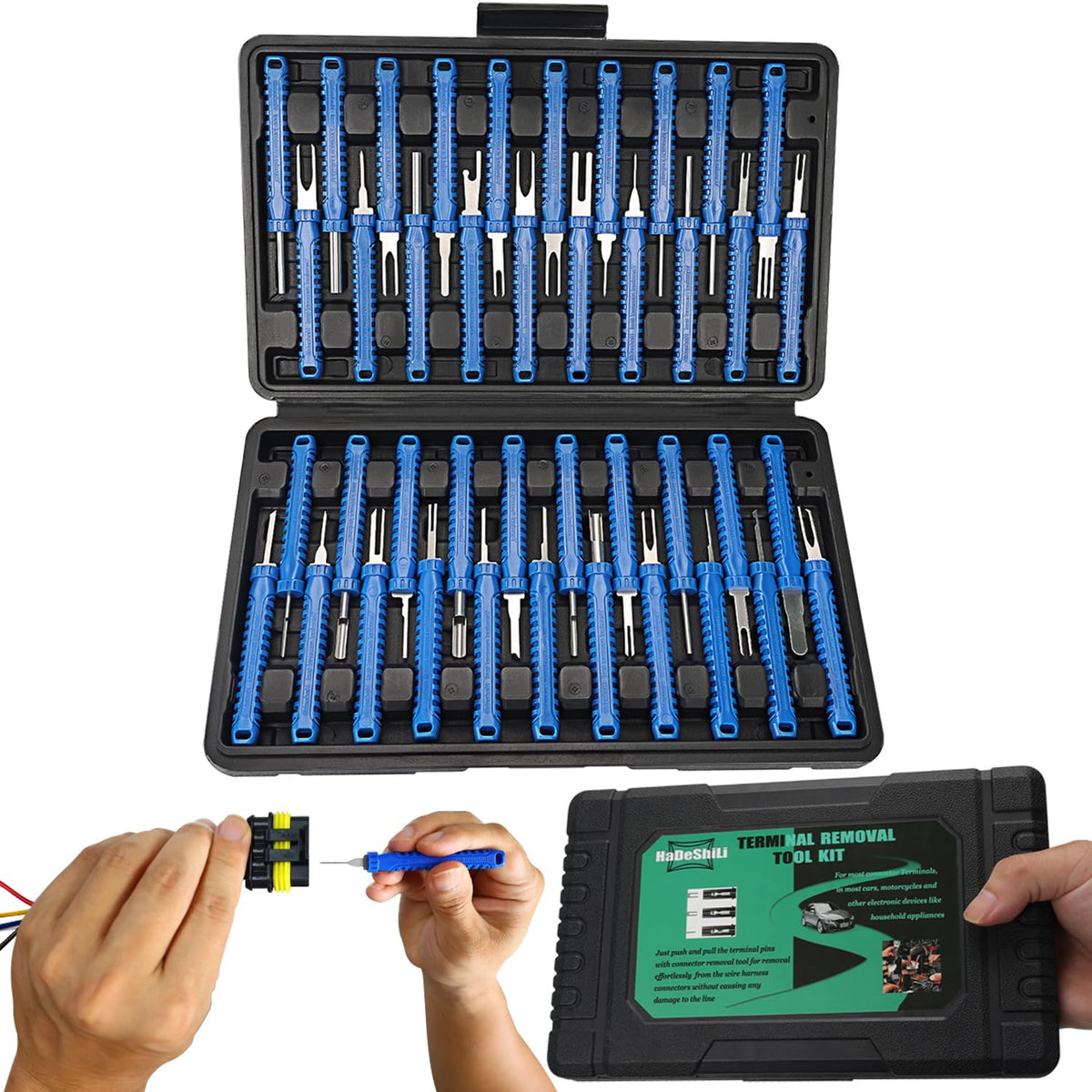 XLWJBES front packaging showing blue blow-molded case and organized tools for easy transport