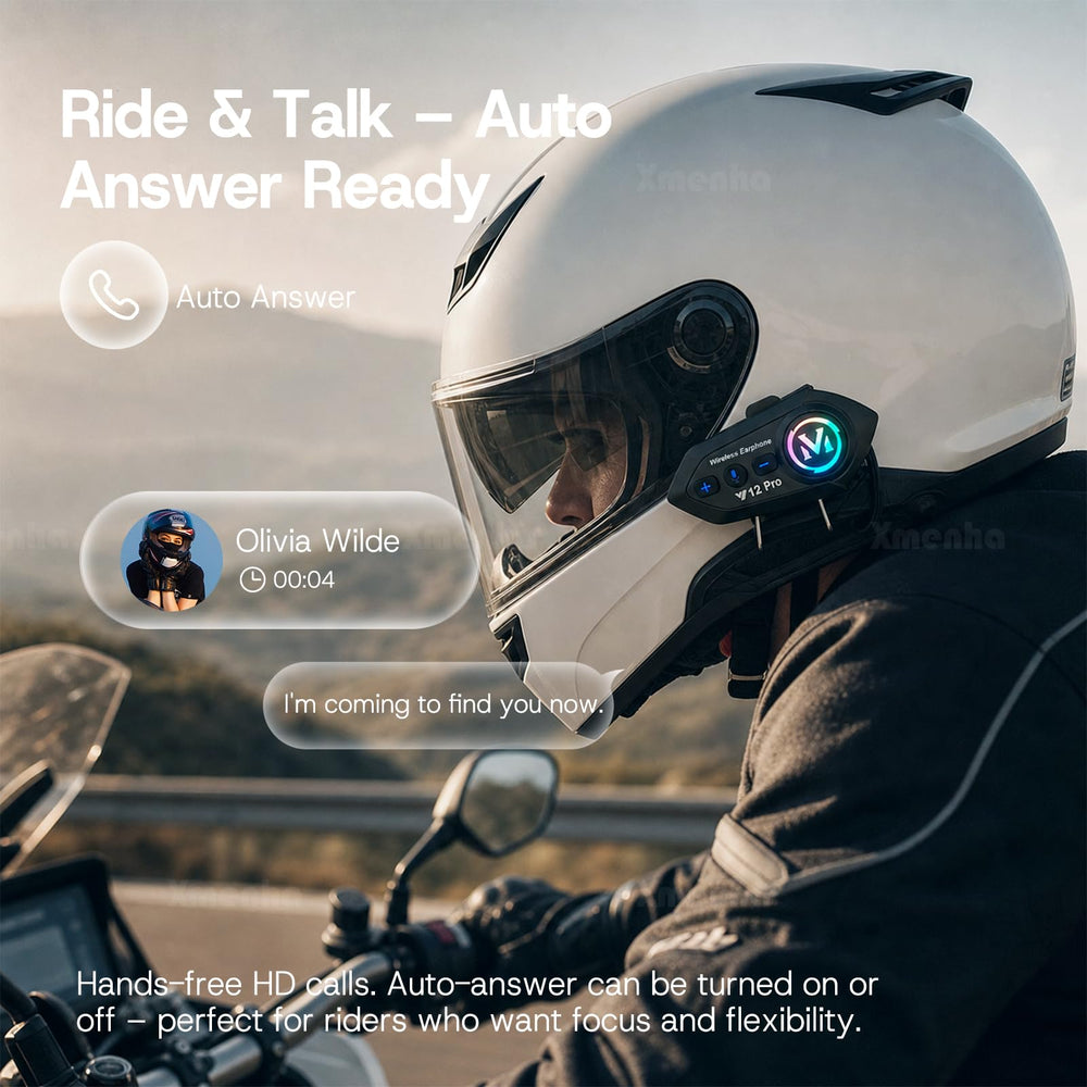 Xmenha mounted on bike helmet in use demonstrating rider-to-rider communication