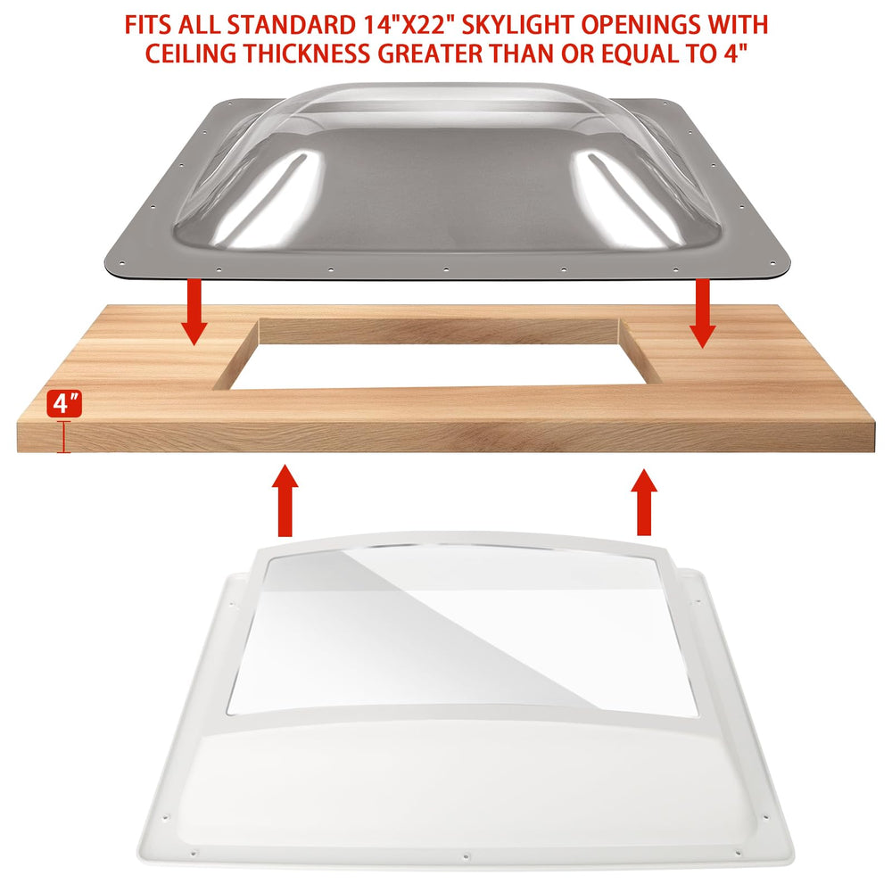 XMK skylight next to tape measure showing 14x22 opening fit and dimensions