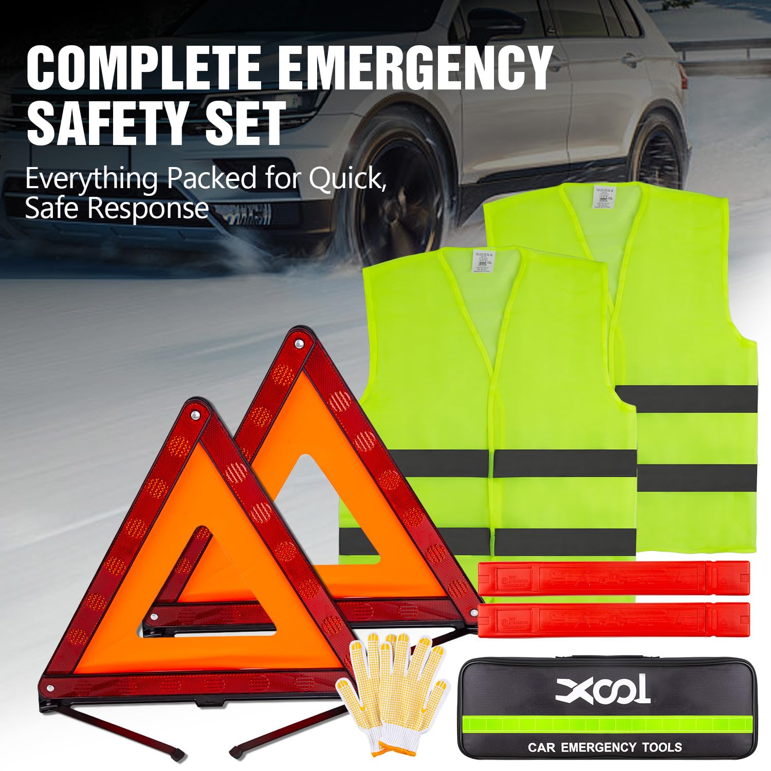 XOOL reflective triangle close-up highlighting high-visibility retroreflective panels