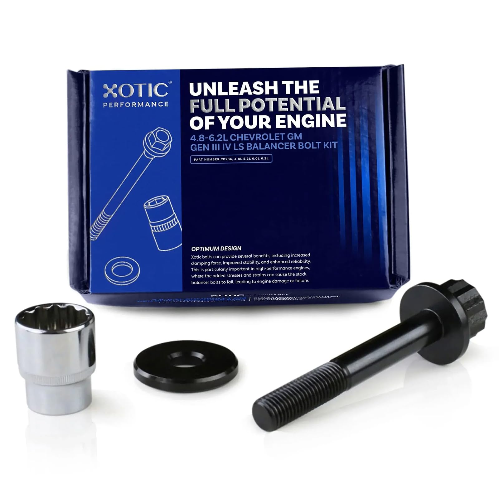 Xotic Performance balancer bolt front view showing head and finish benefit durable fastening