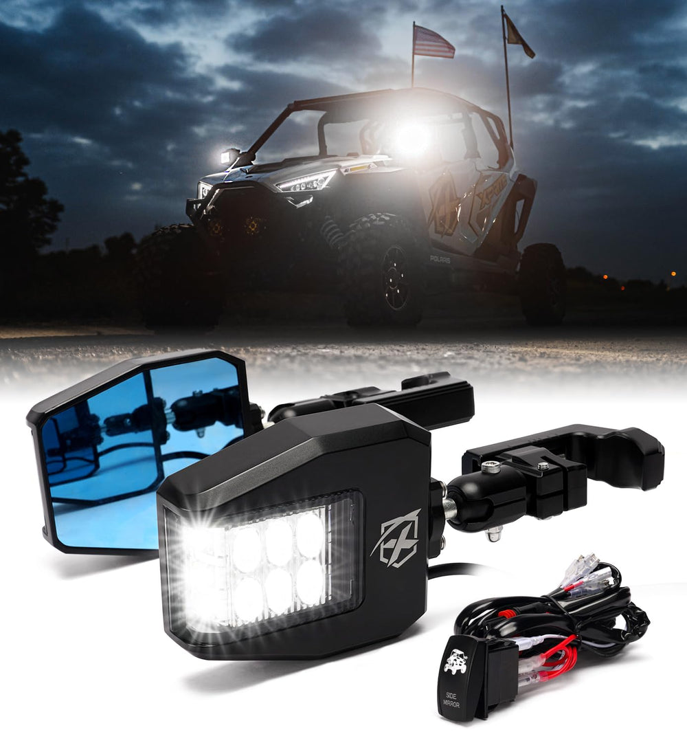 Xprite front view mirror showing rugged housing and wide reflective surface for safer trails