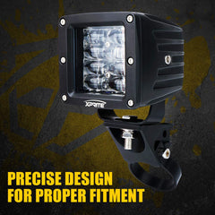 Xprite bracket mounted on UTV rollbar showing stable off-road lighting benefit
