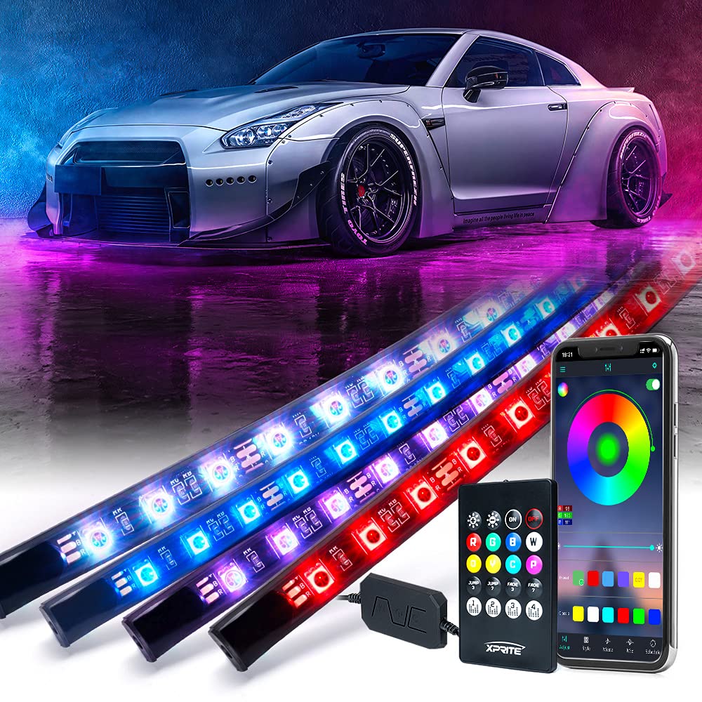 Xprite front view of underglow kit showing full four-strip set and glow benefits
