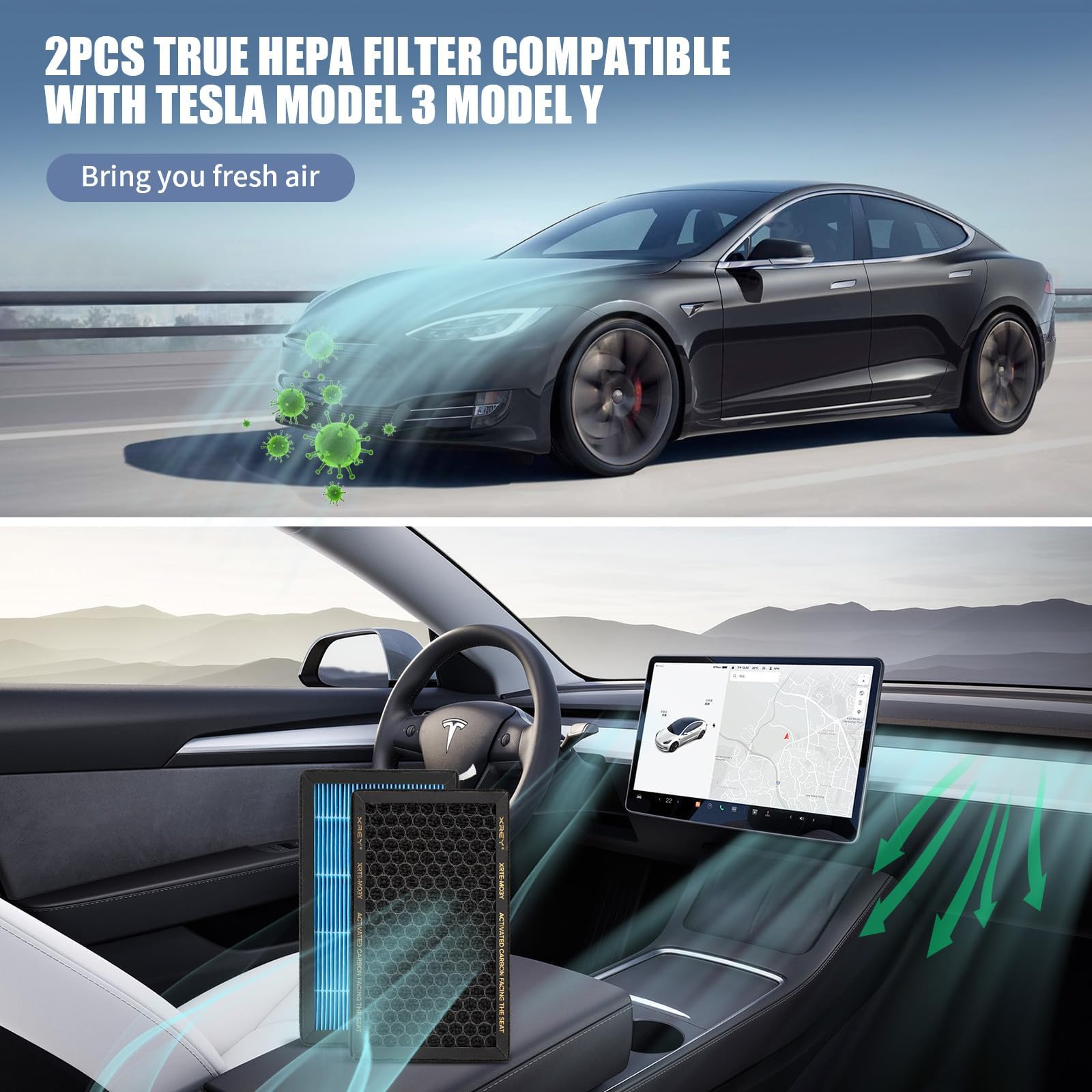 XREY filter beside a ruler showing exact dimensions for Tesla Model 3/Y fit verification