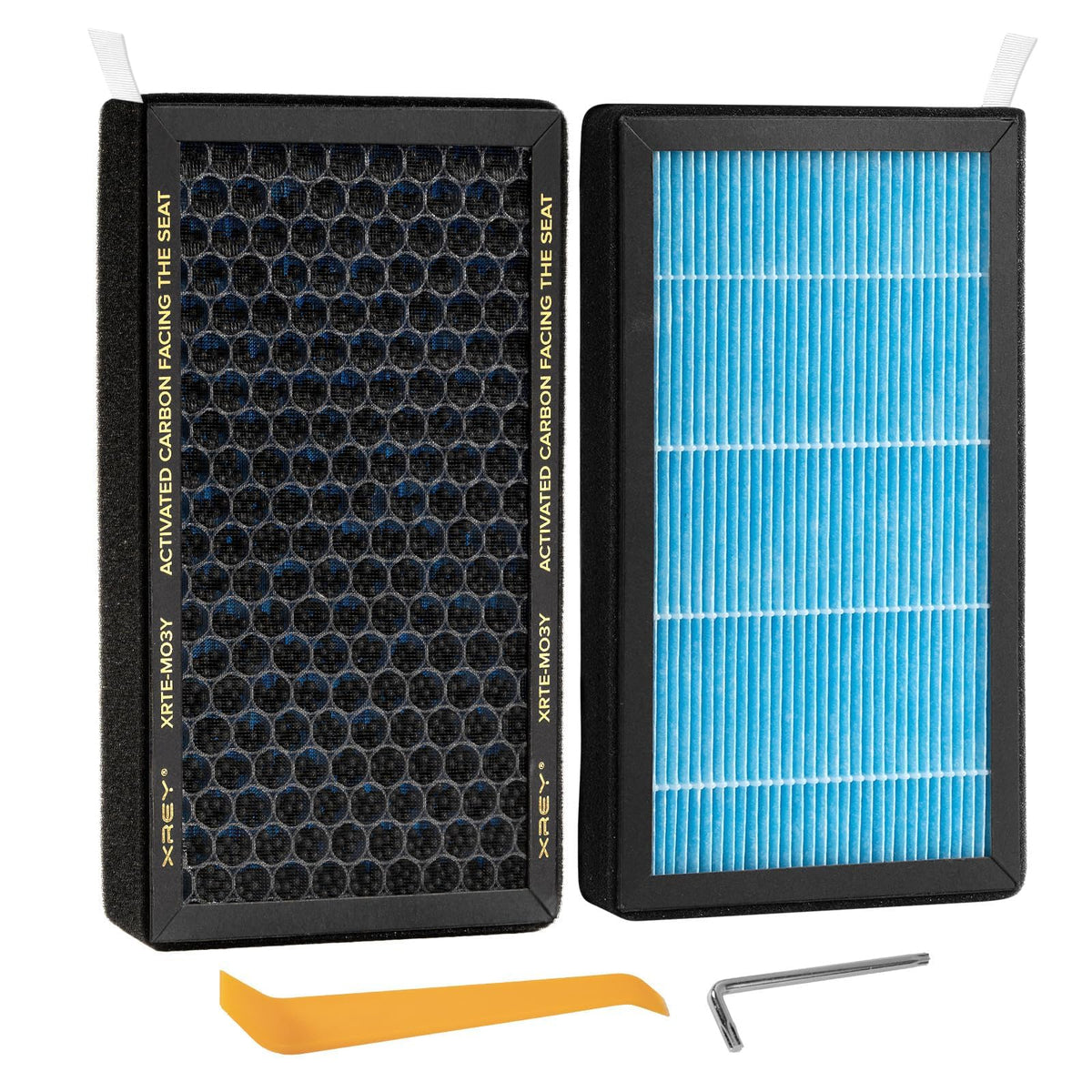 XREY front packaging showing two Tesla Model 3/Y replacement filters and benefit of correct fit