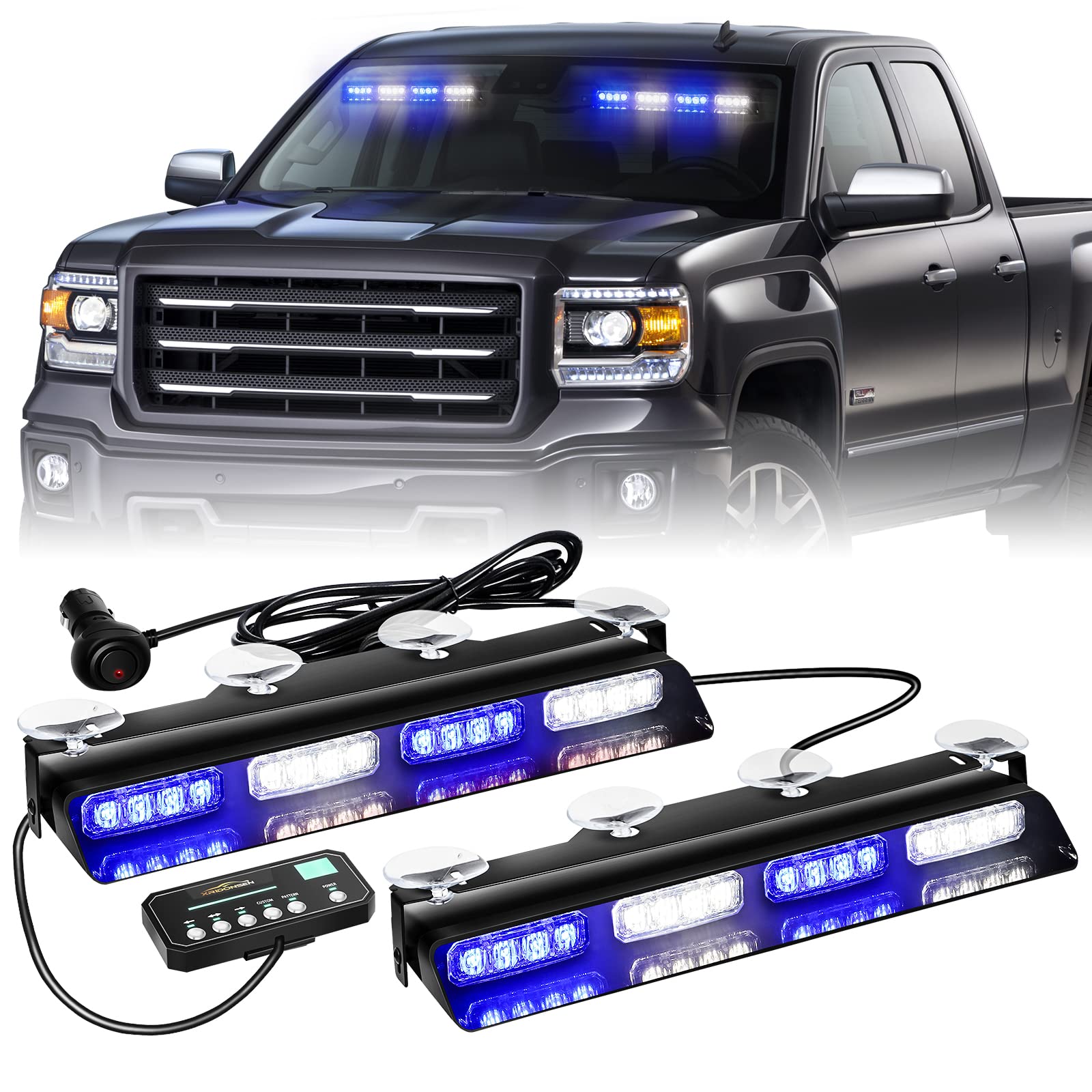 XRIDONSEN front view of dual 14-inch strobe bars showing bright visibility