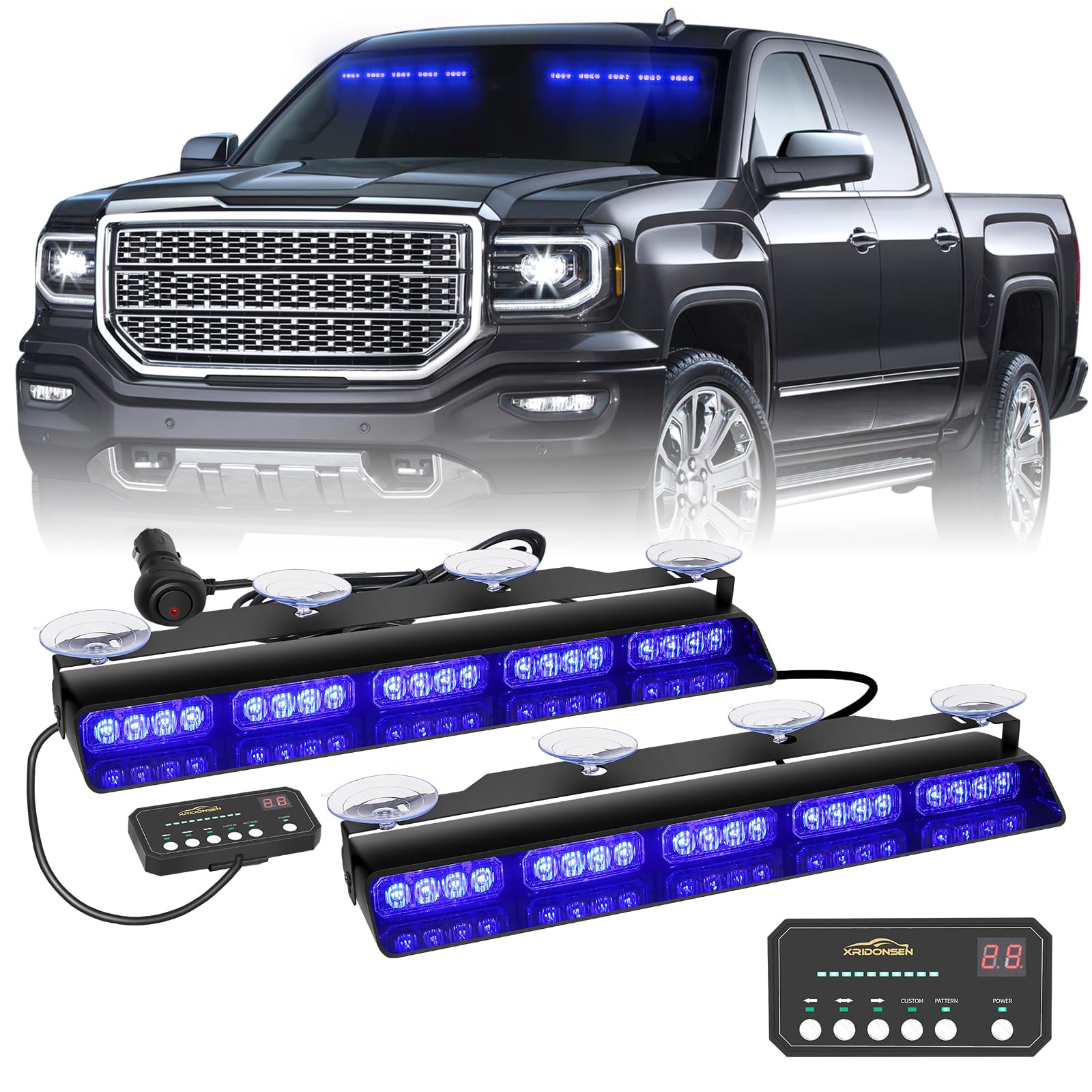 XRIDONSEN front view of two 17-inch dash strobe lights showing bright LEDs and compact profile for visibility