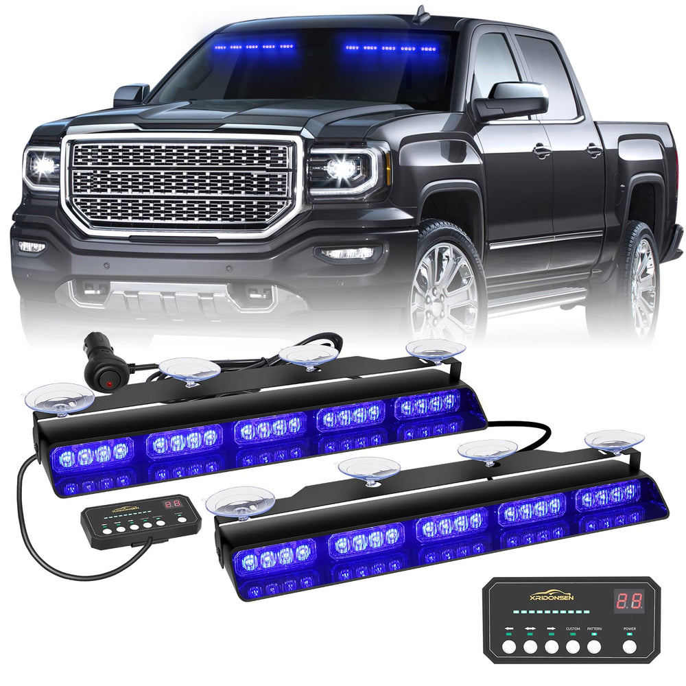XRIDONSEN front view of two 17-inch dash strobe lights showing bright LEDs and compact profile for visibility