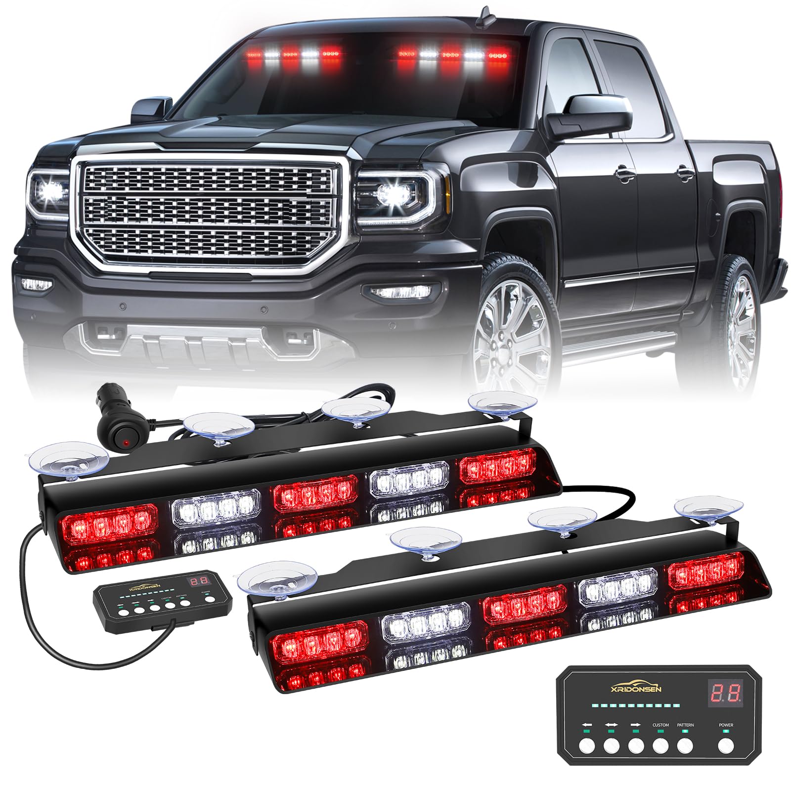 XRIDONSEN front view of 17-inch LED bars showing bright warning output