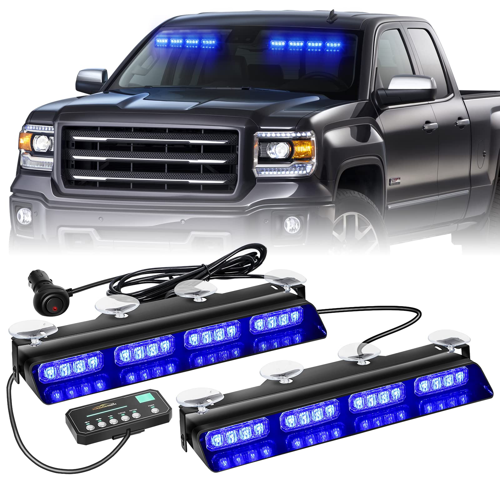 XRIDONSEN front view strobe bar showing bright LED array for enhanced visibility