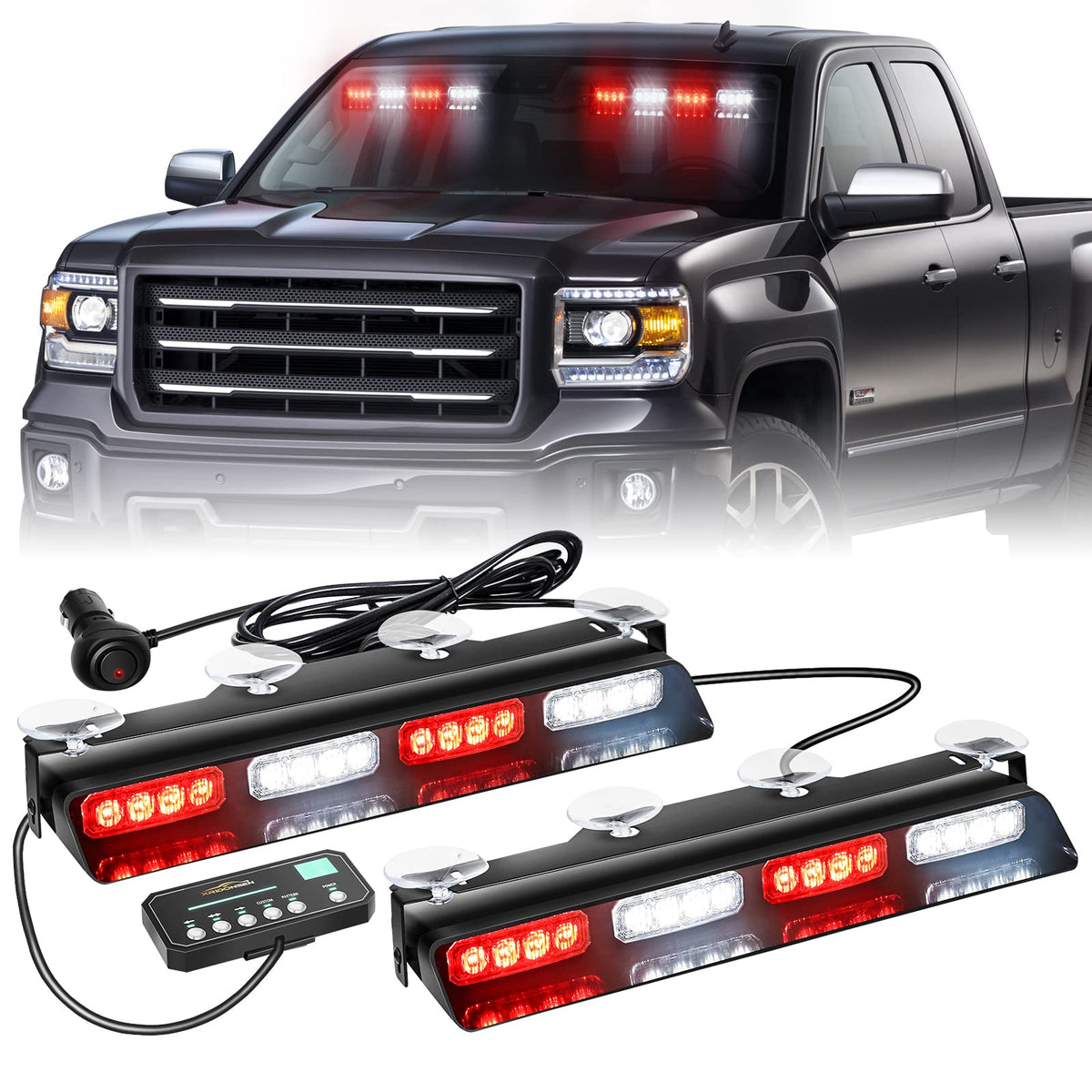 XRIDONSEN front view strobe bar showing bright LEDs for improved roadside visibility