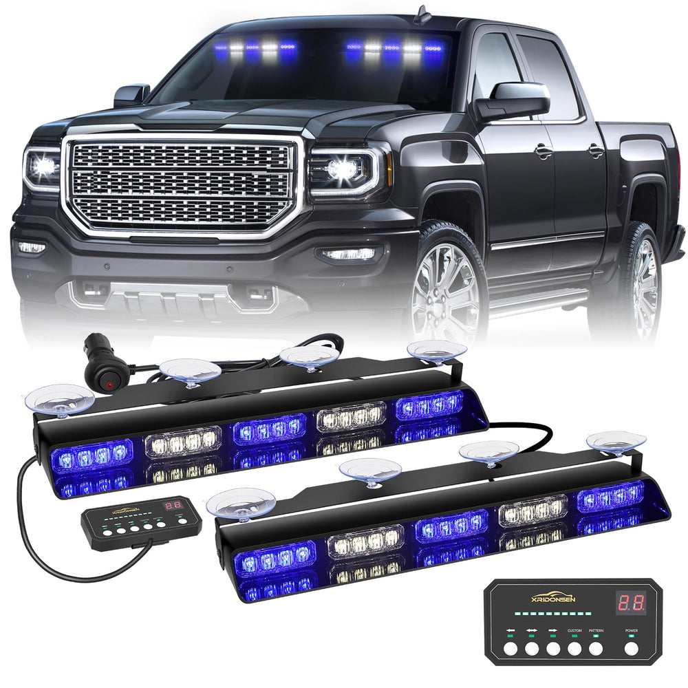XRIDONSEN front view of two 17-inch LED strobe bars showing bright LEDs and compact design for high visibility