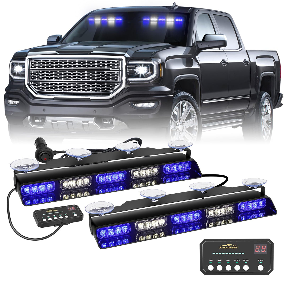 XRIDONSEN front view of two 17-inch LED strobe bars showing bright LEDs and compact design for high visibility