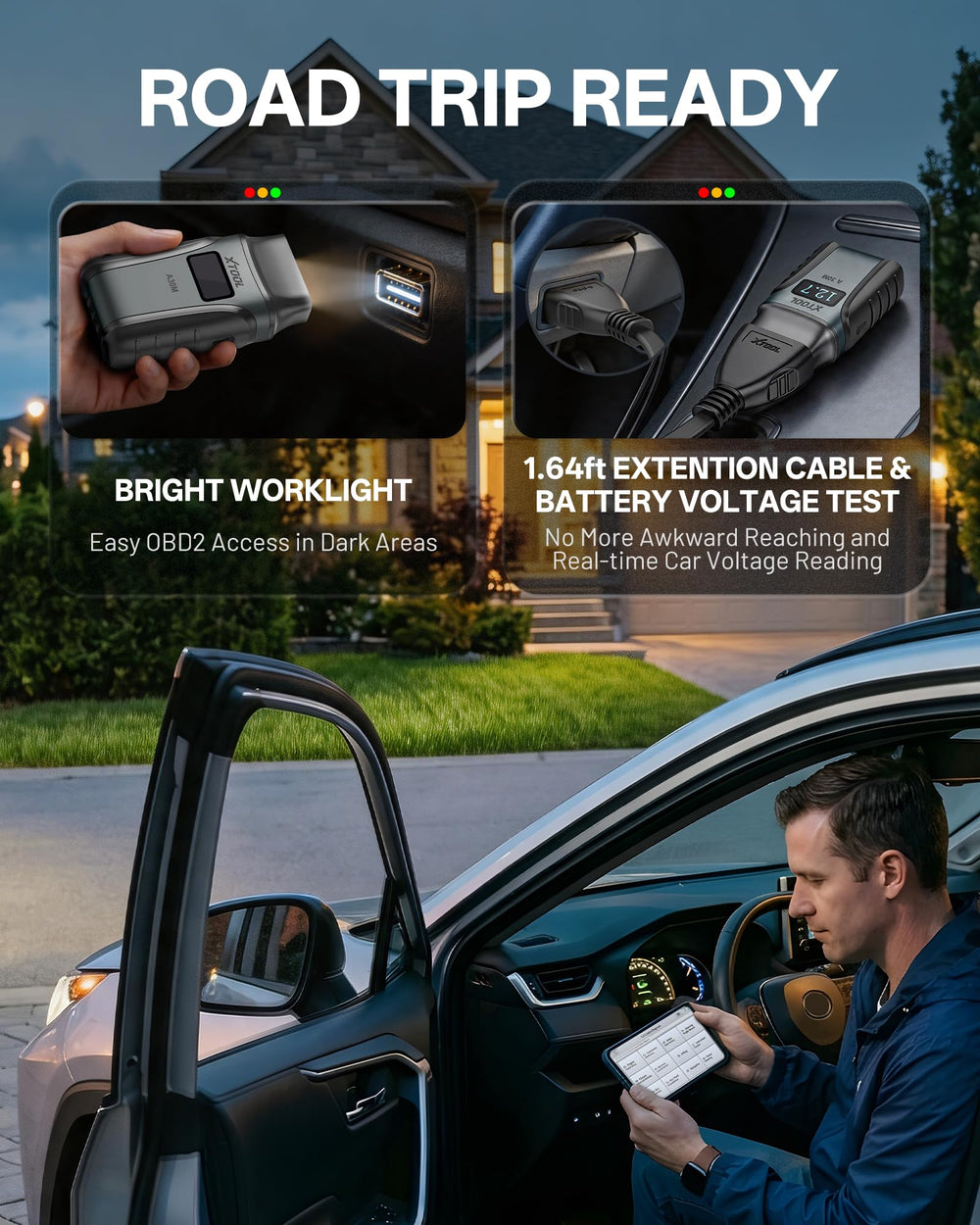 XTOOL A30M VCI dongle with flashlight, illuminates ports for easier connections