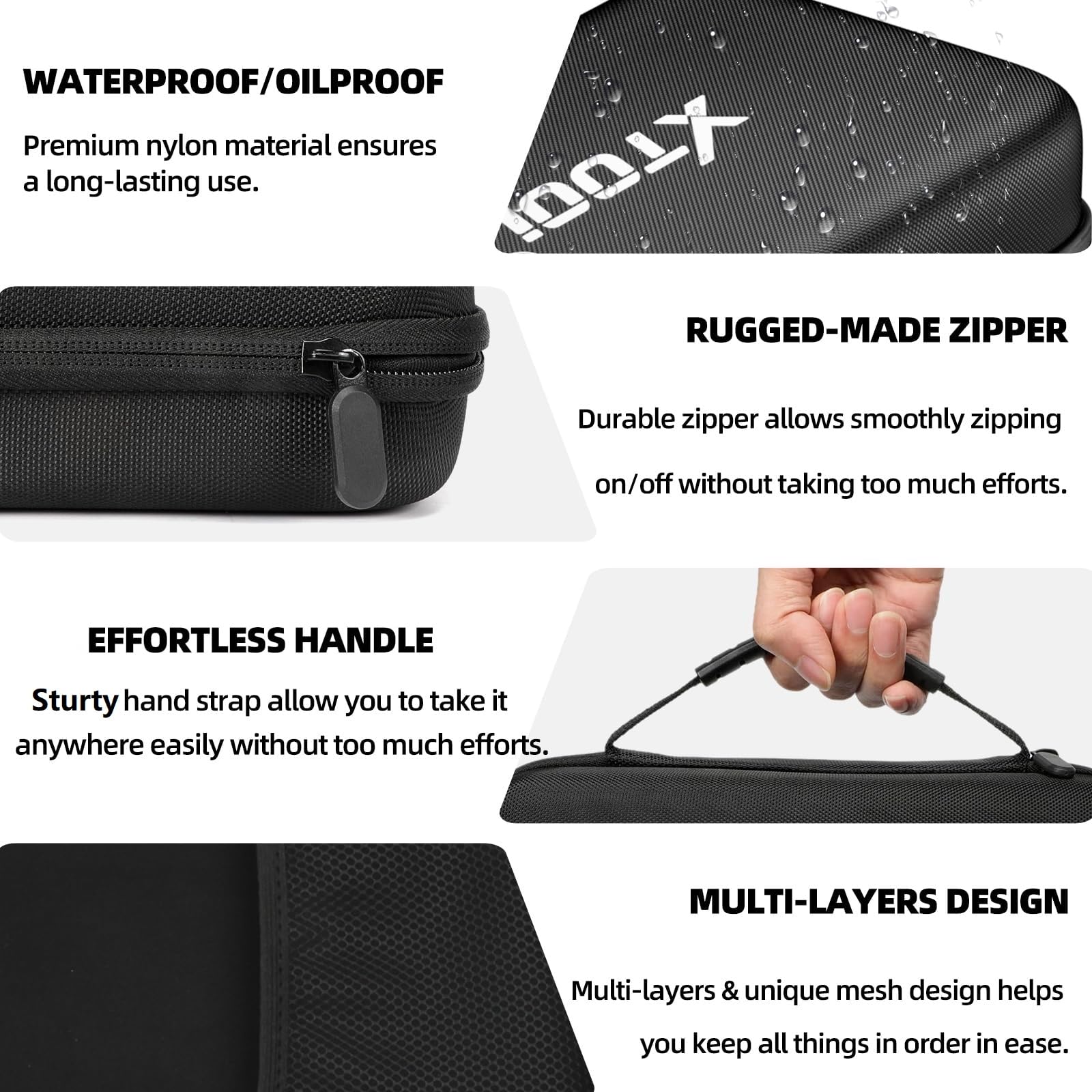 XTOOL close-up of zipper and non-slip handle for easy carrying and access