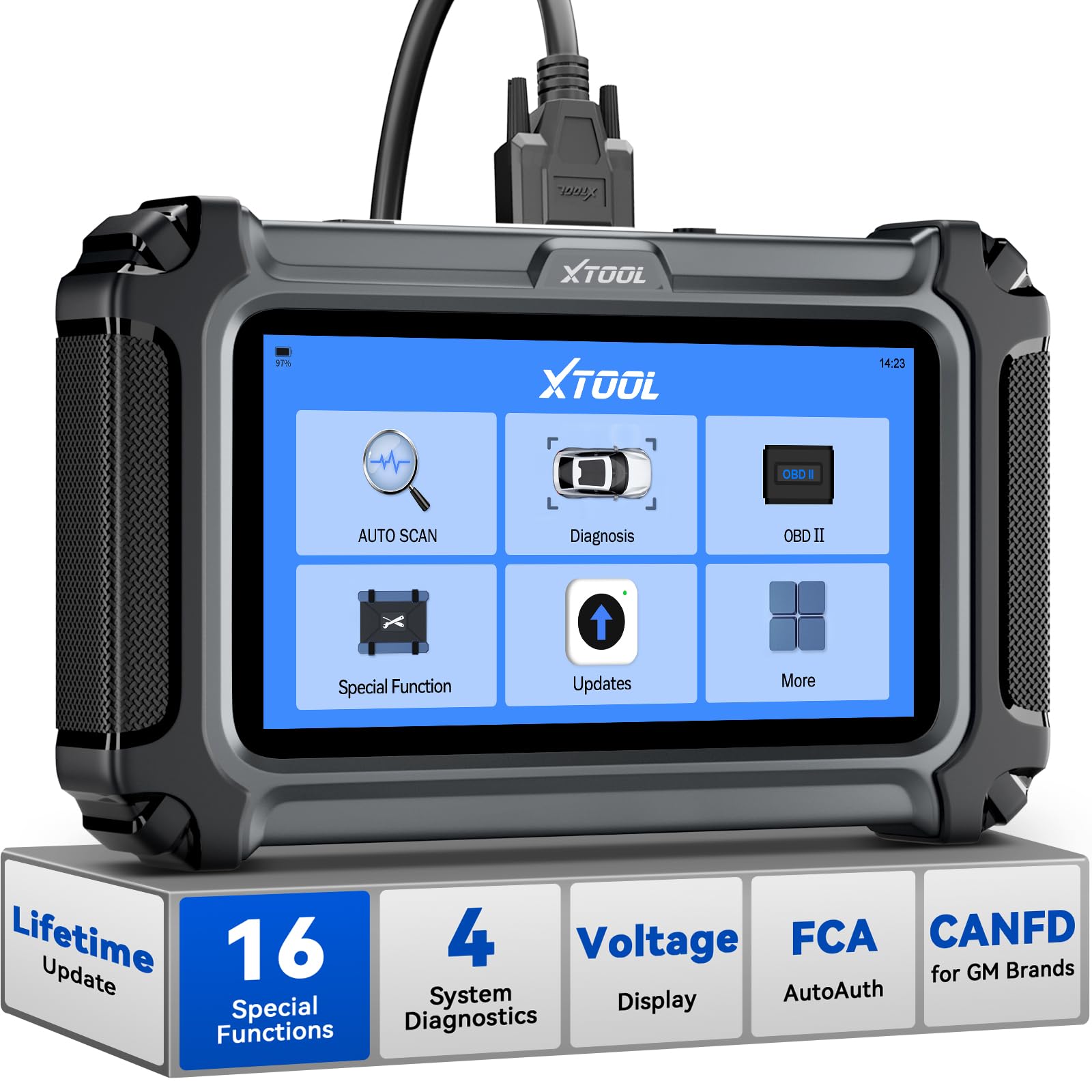 XTOOL D5S front display showing menu, quick diagnostics benefit