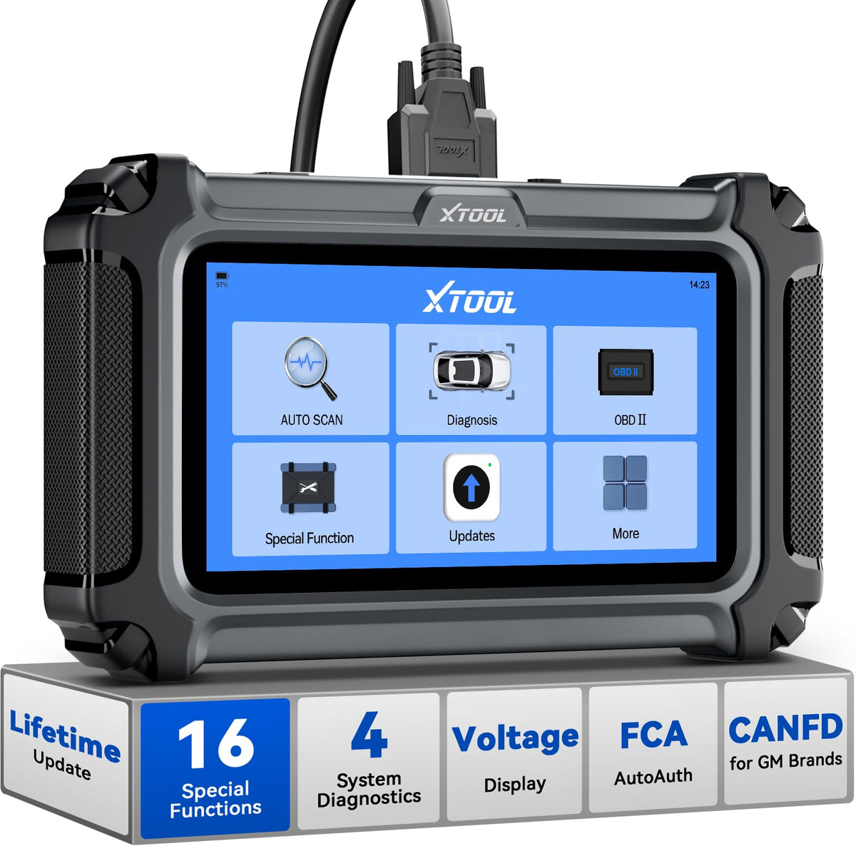 XTOOL D5S front display showing menu, quick diagnostics benefit