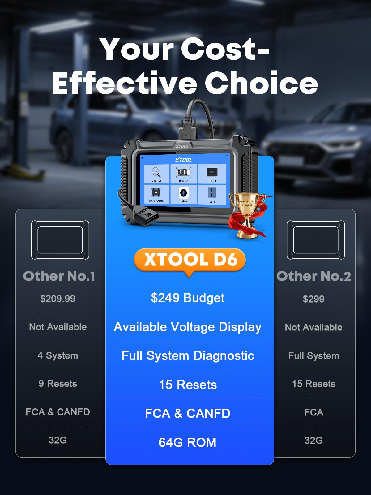 XTOOL D6 touchscreen closeup displaying menu for fast, intuitive operation