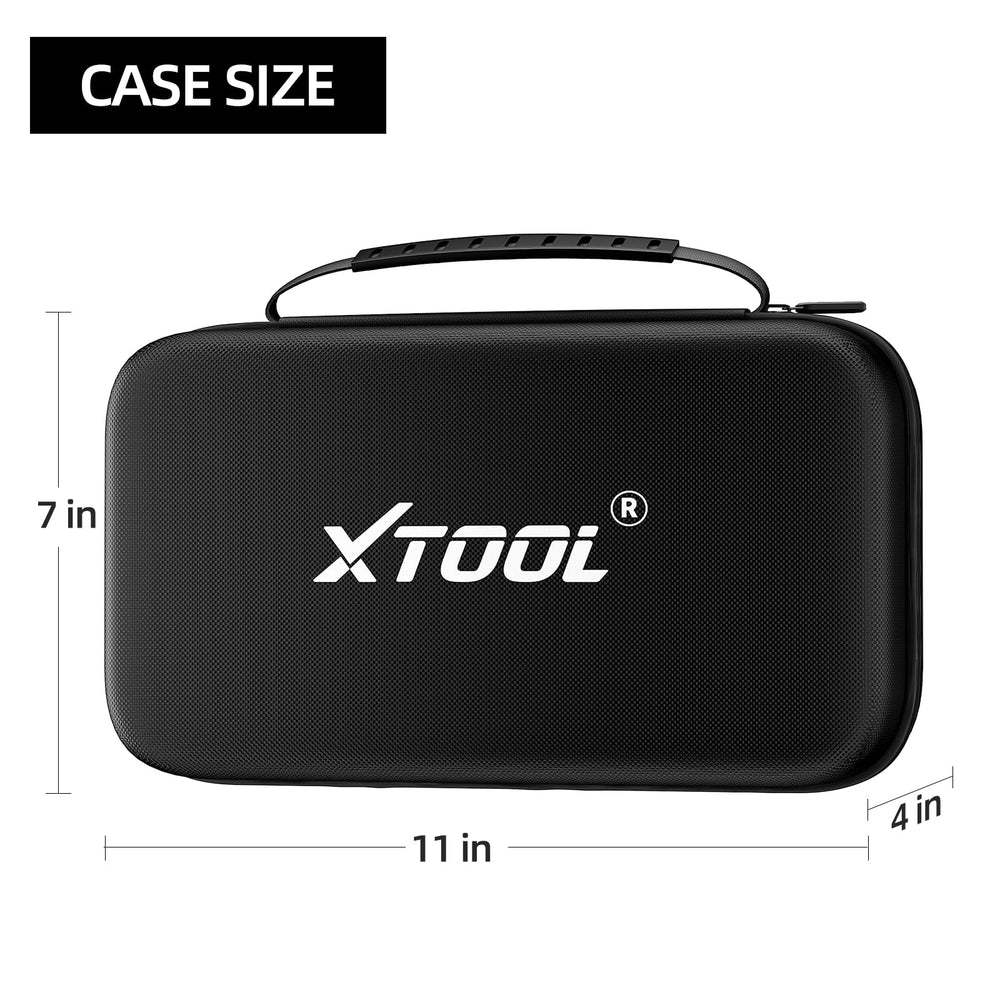 XTOOL case held in hand to show 11x7x4 size for portability advantage