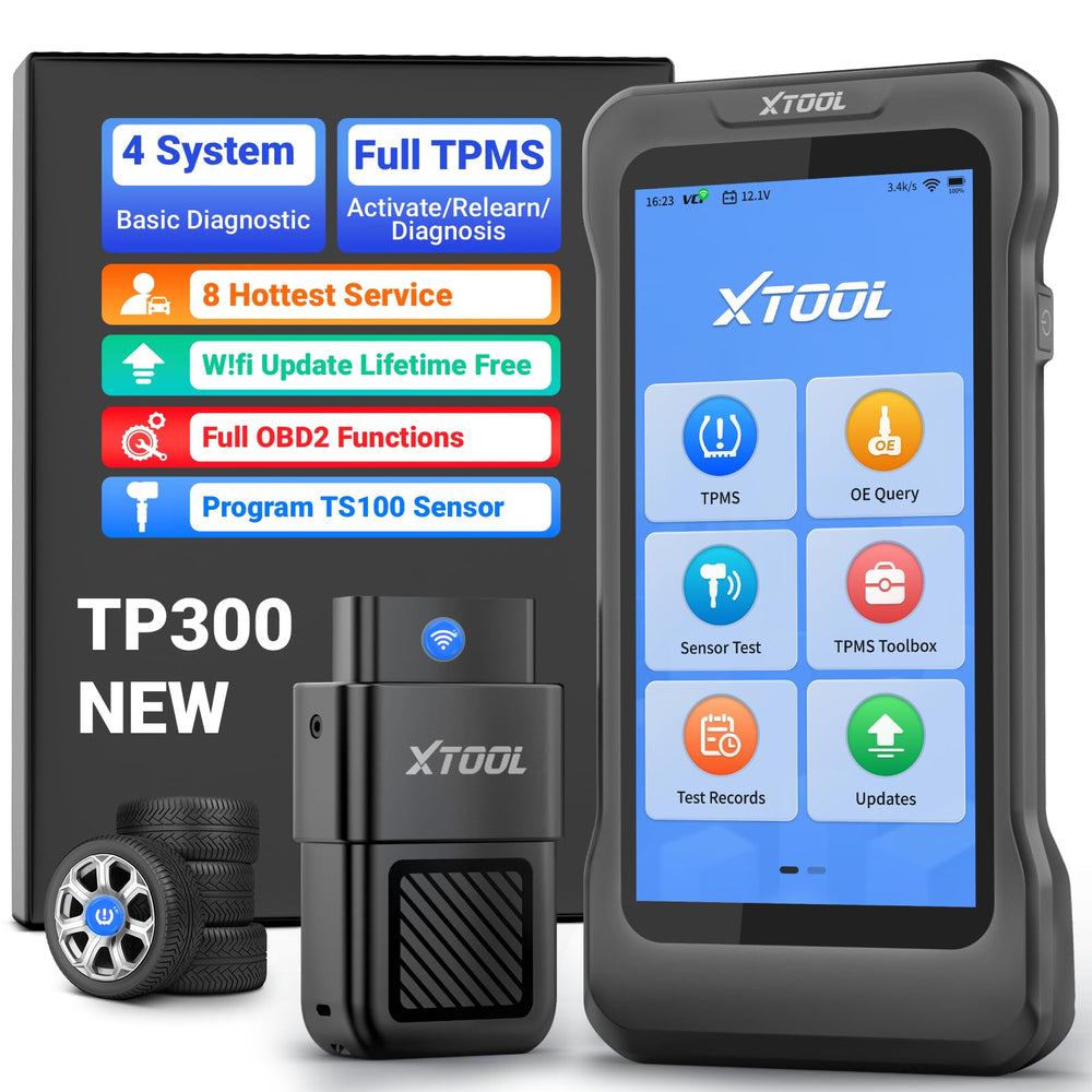 XTOOL TP300 front display showing diagnostics and quick workflow benefits