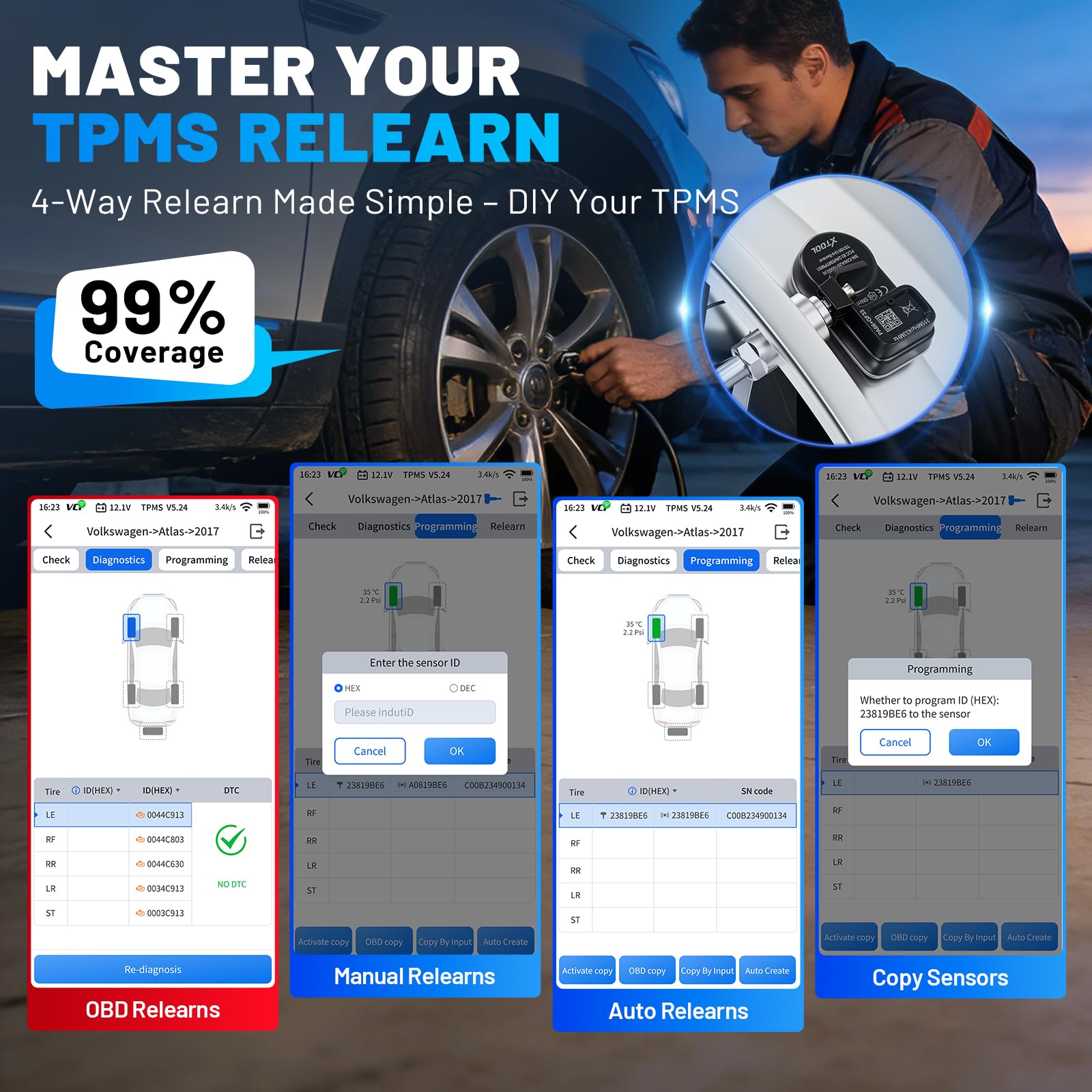 XTOOL TP300 activating TPMS sensor at wheel to confirm immediate sensor response