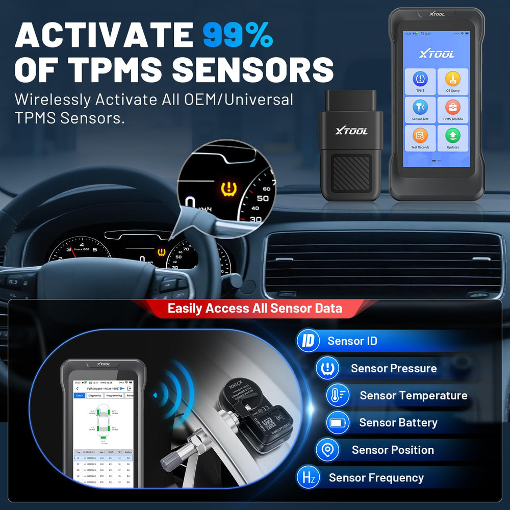XTOOL TP300 wireless VCI near vehicle harness illustrating reliable communication