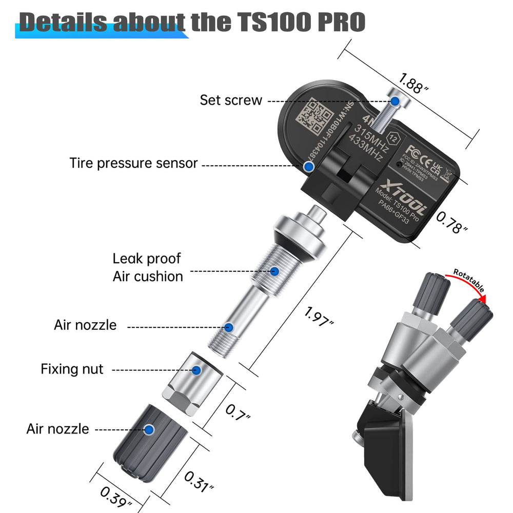 XTOOL TS100 PRO label showing 315/433MHz frequencies for broad compatibility benefit