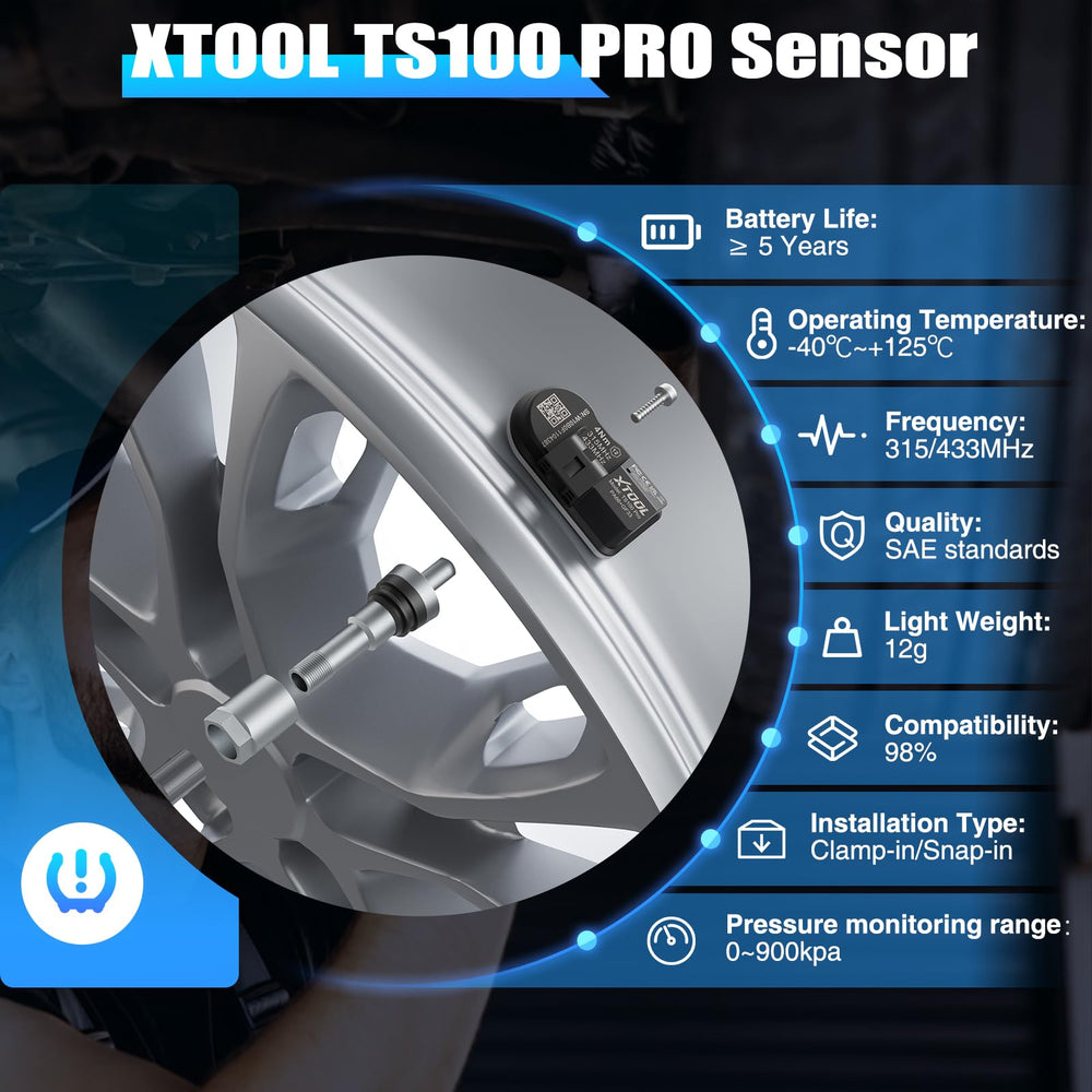 XTOOL TS100 PRO installed on car wheel showing reliable real-world performance