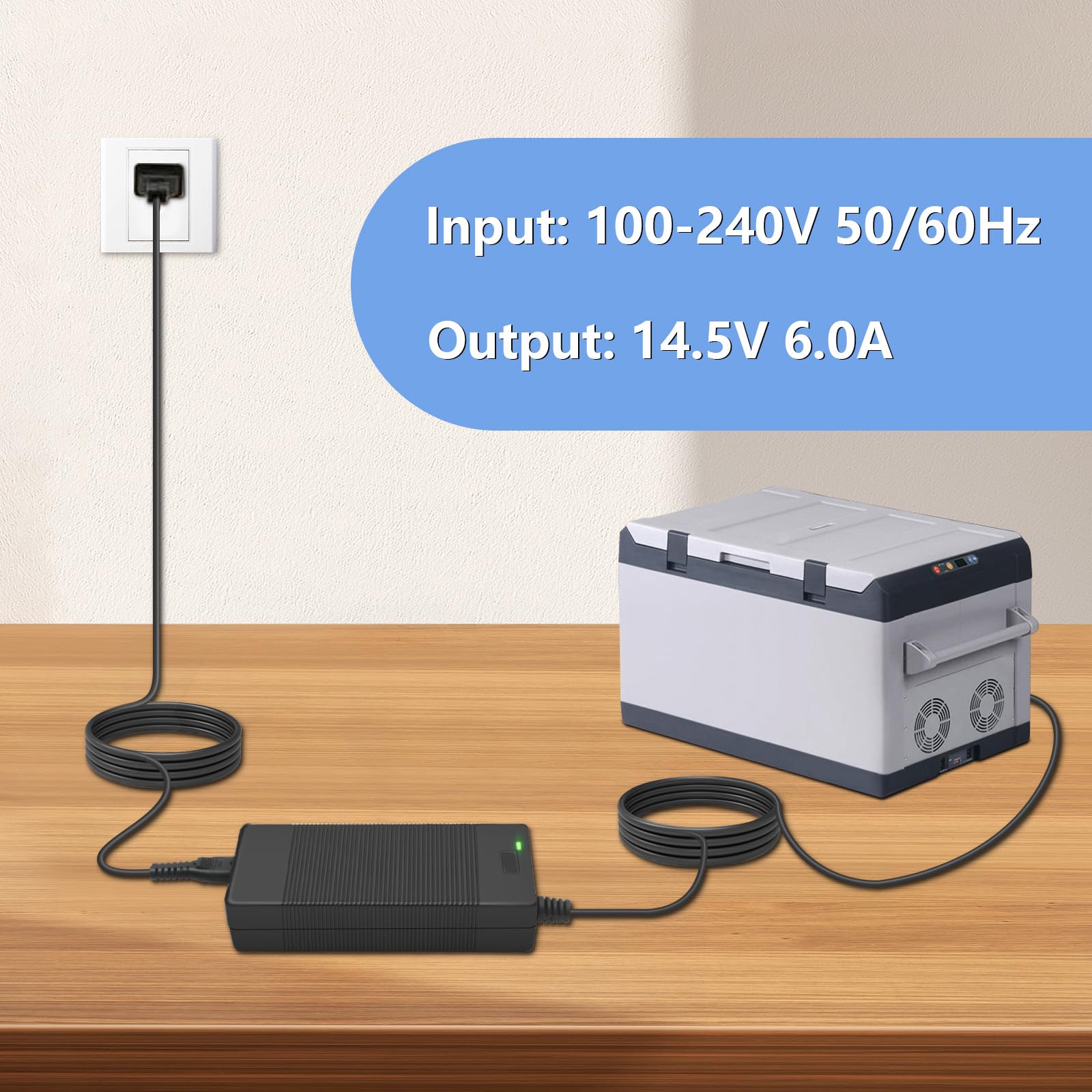 XZGm adapter on kitchen counter powering car fridge as a mini freezer, convenient use