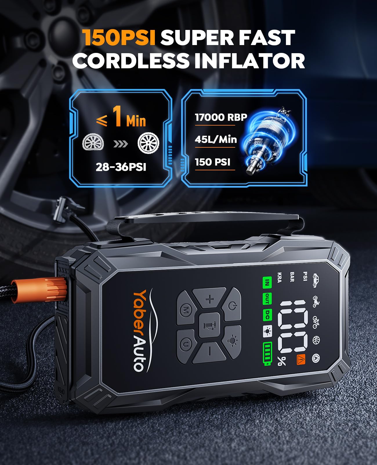 YaberAuto 3.3-inch inflator LCD display showing pressure readout and fast-fill control
