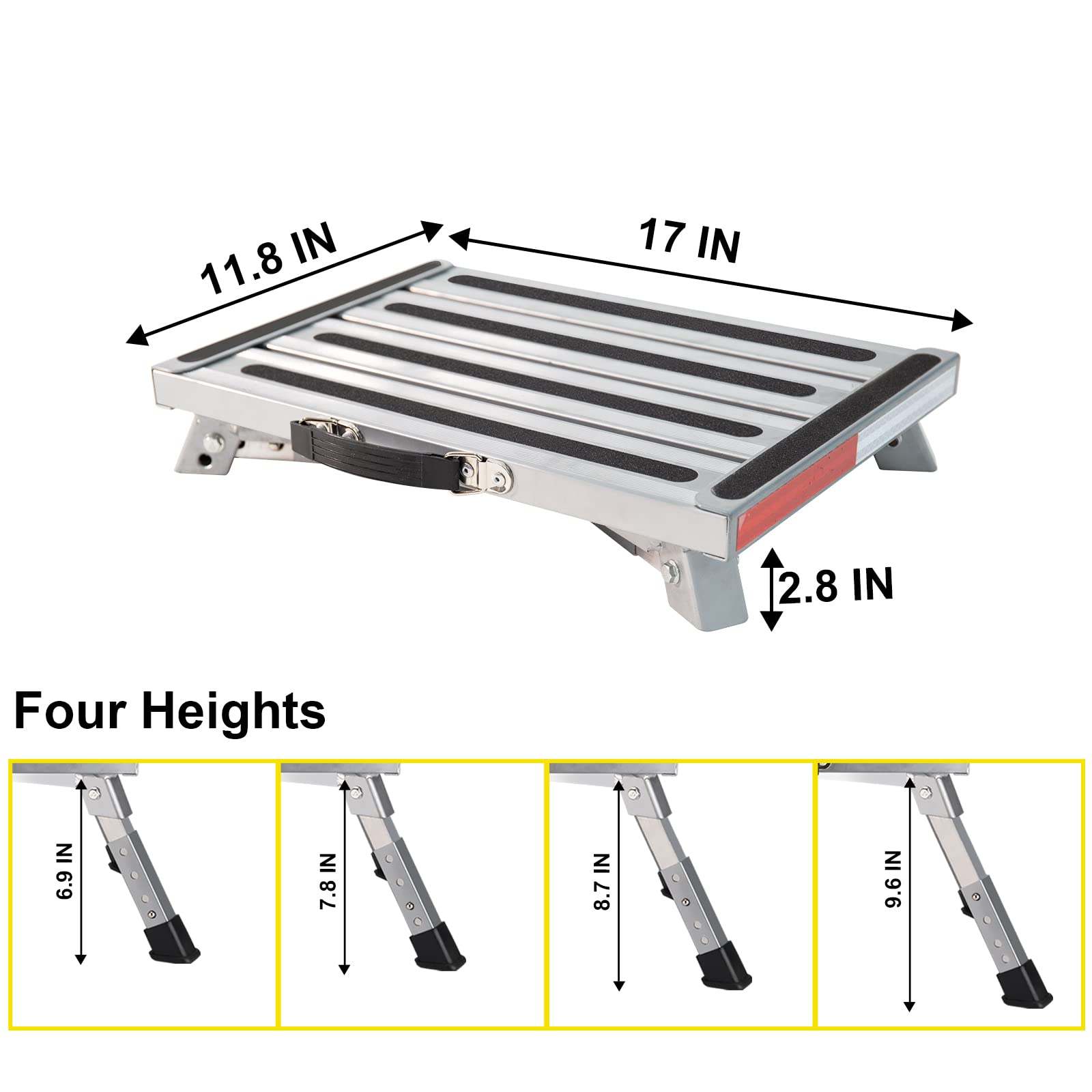 Yagud adjustable leg mechanism demonstrating four height settings for versatility