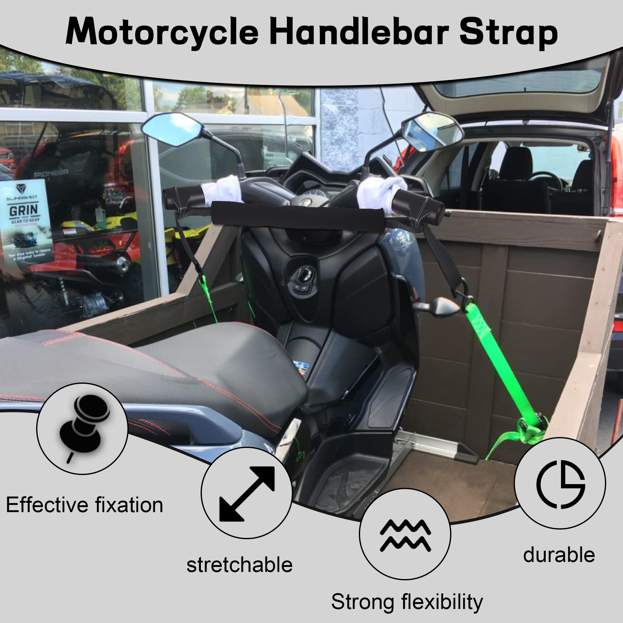 YaHees strap securing a sportbike in truck bed for safer transport