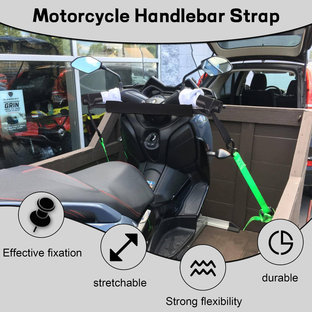 YaHees strap securing a sportbike in truck bed for safer transport