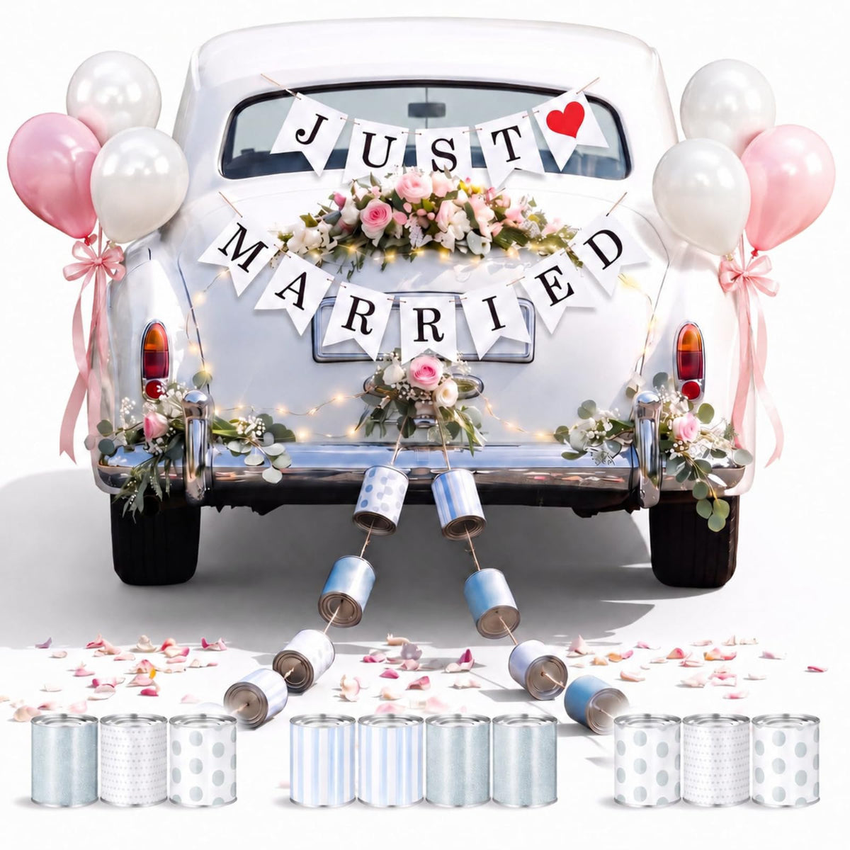 Yalikop front view of banner and cans showcasing festive car decor