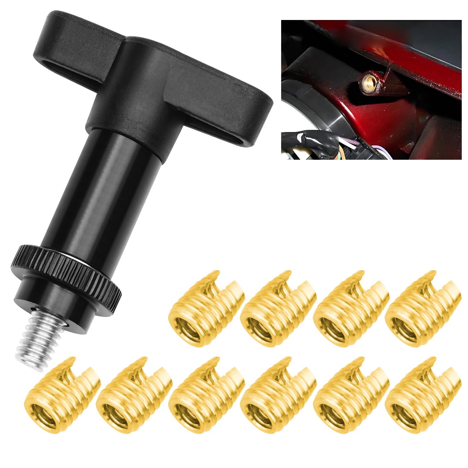 YALTIES kit front packaging showing all brass inserts and T-handle tool benefits secure repairs