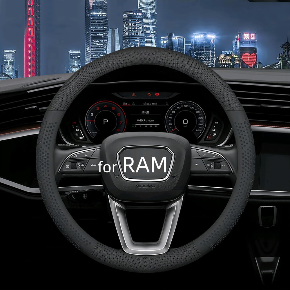 Yangday front view steering wheel cover showing sleek black leather and sporty design benefit improved cabin look