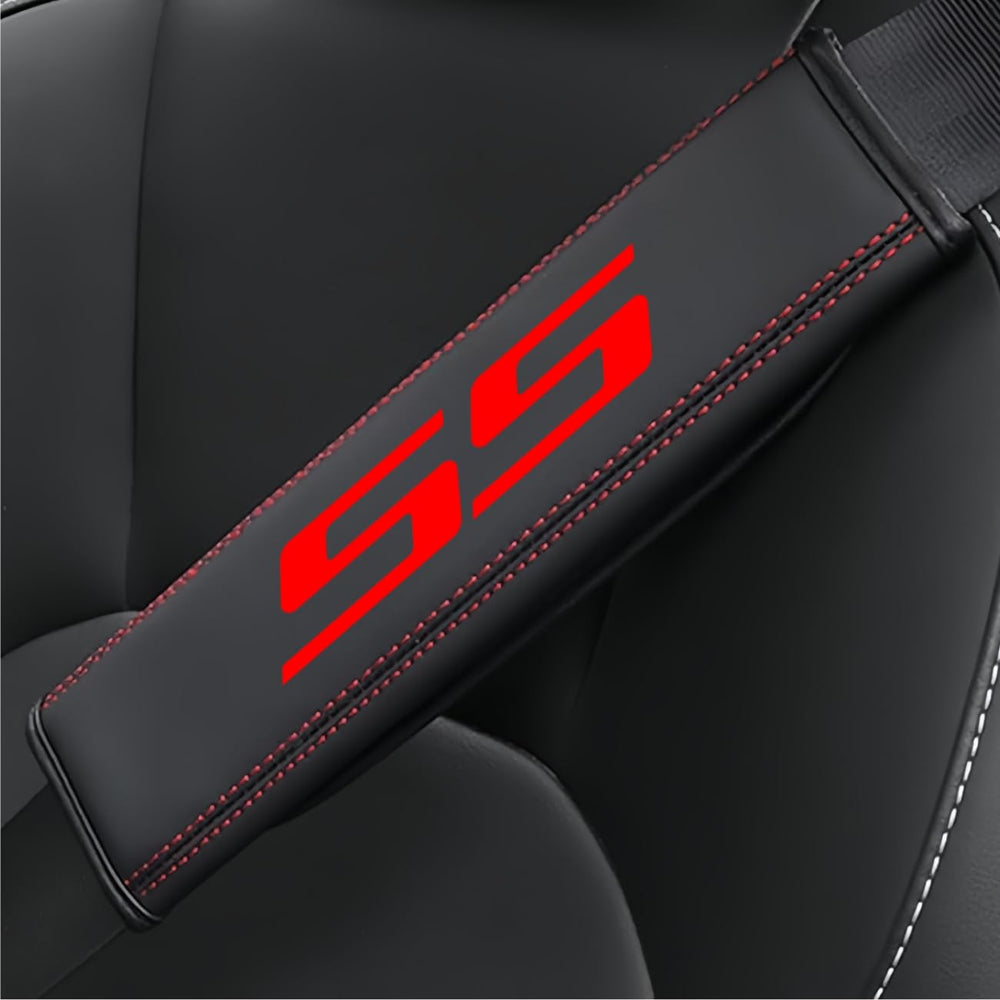 YANGFANGV front view of seat belt covers showing black leather finish and neat edges for style