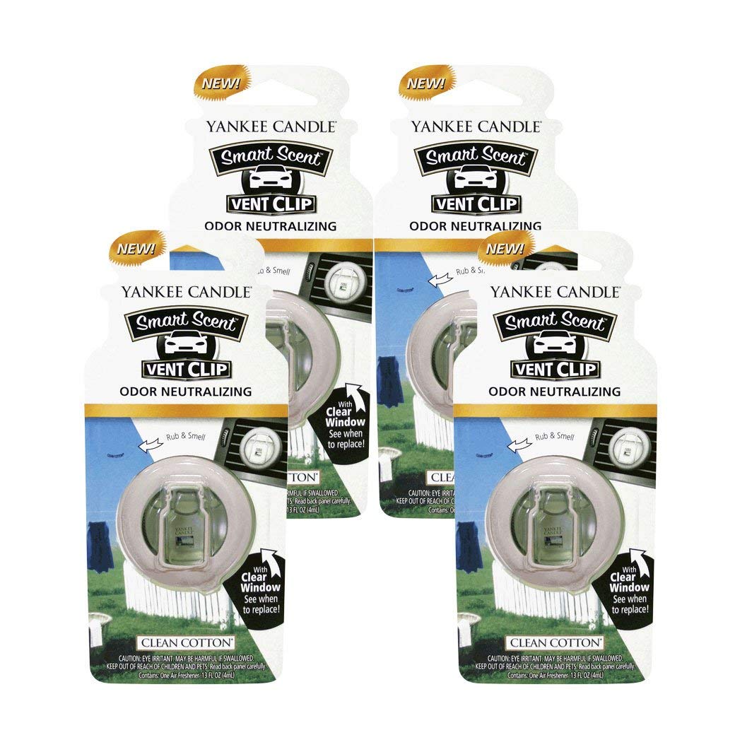Yankee Candle clean cotton front packaging showing four vent clips and branding benefit fresh scent
