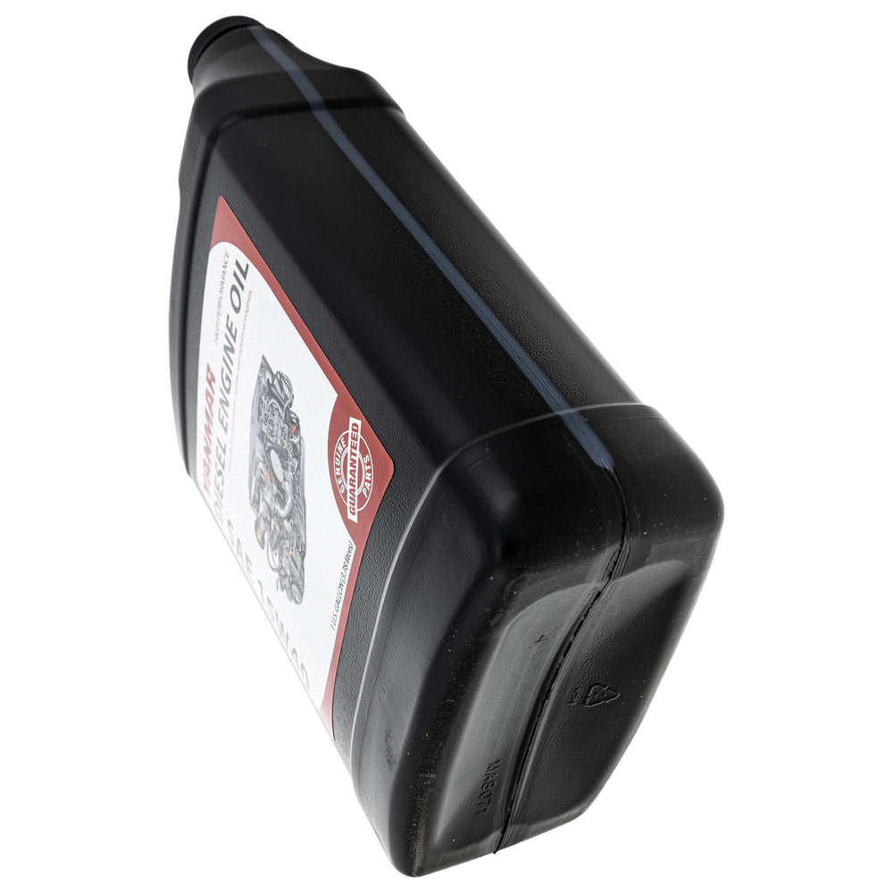 YANMAR bottle pouring 15W40 oil into engine tube, demonstrating tidy top-off benefit