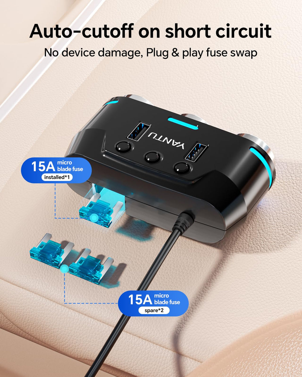 YANTU installed in backseat powering multiple devices for passenger use