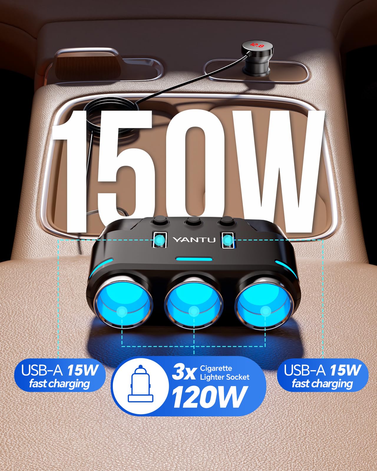 YANTU cable length view illustrating 3.3ft reach for rear-seat convenience