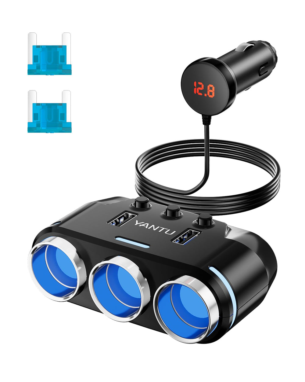 YANTU front view adapter showing three sockets and USB ports for flexible power