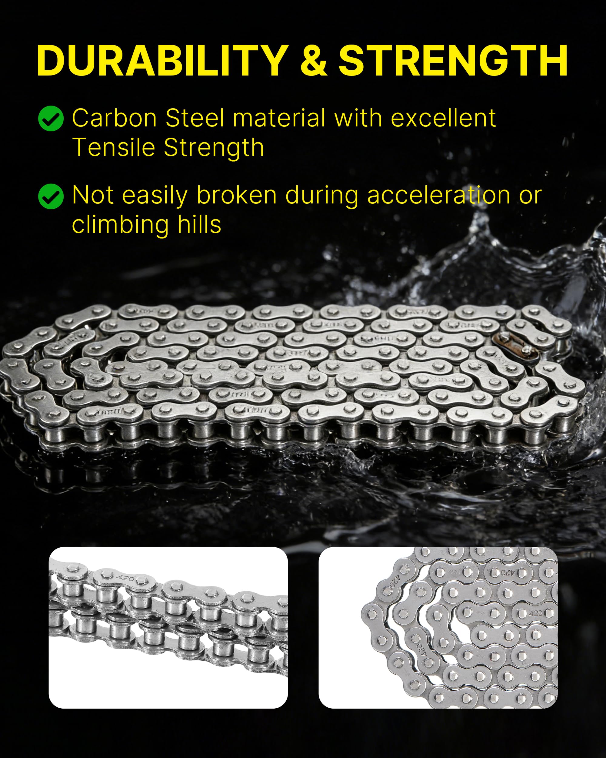 YAORISE chain laid alongside ruler showing 420 pitch for perfect fit