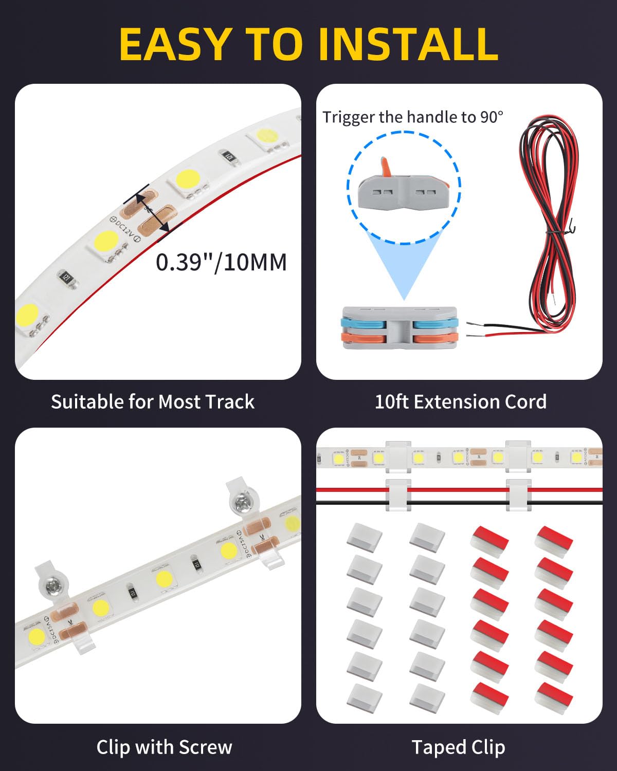 accessories layout with YAYIT clips, screws, connector and extension cord for tidy installs