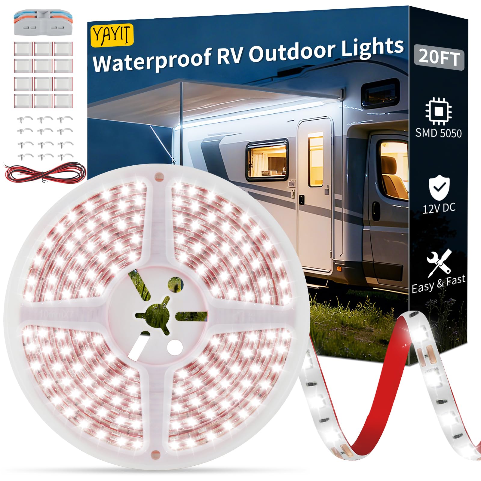 YAYIT front package showing full 20ft awning light kit and contents, quick setup benefit