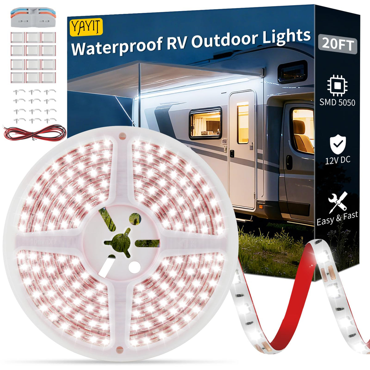 YAYIT front package showing full 20ft awning light kit and contents, quick setup benefit