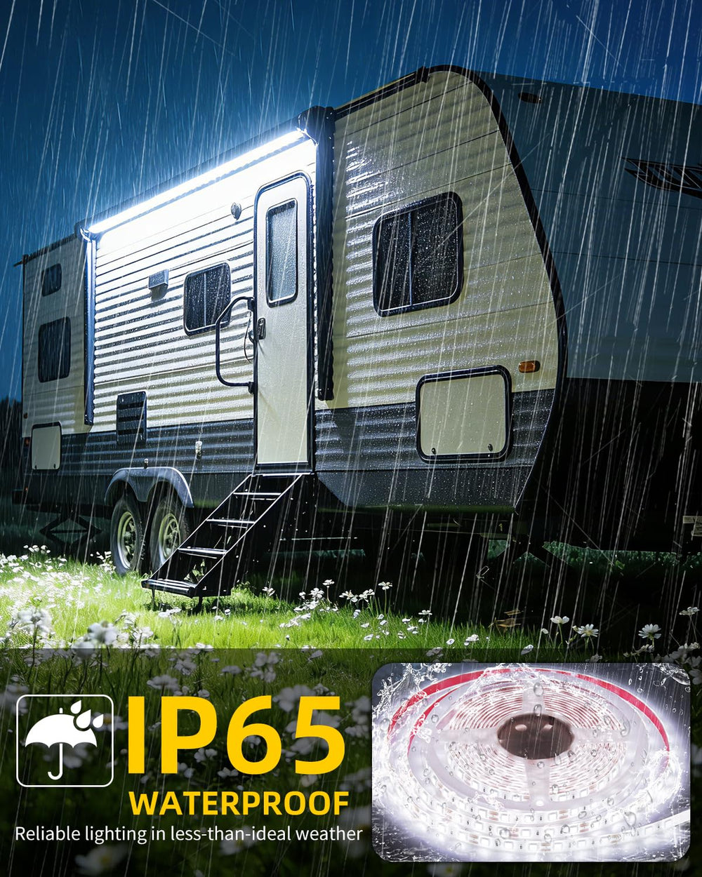 YAYIT strip mounted along an RV awning providing clear task lighting for outdoor living