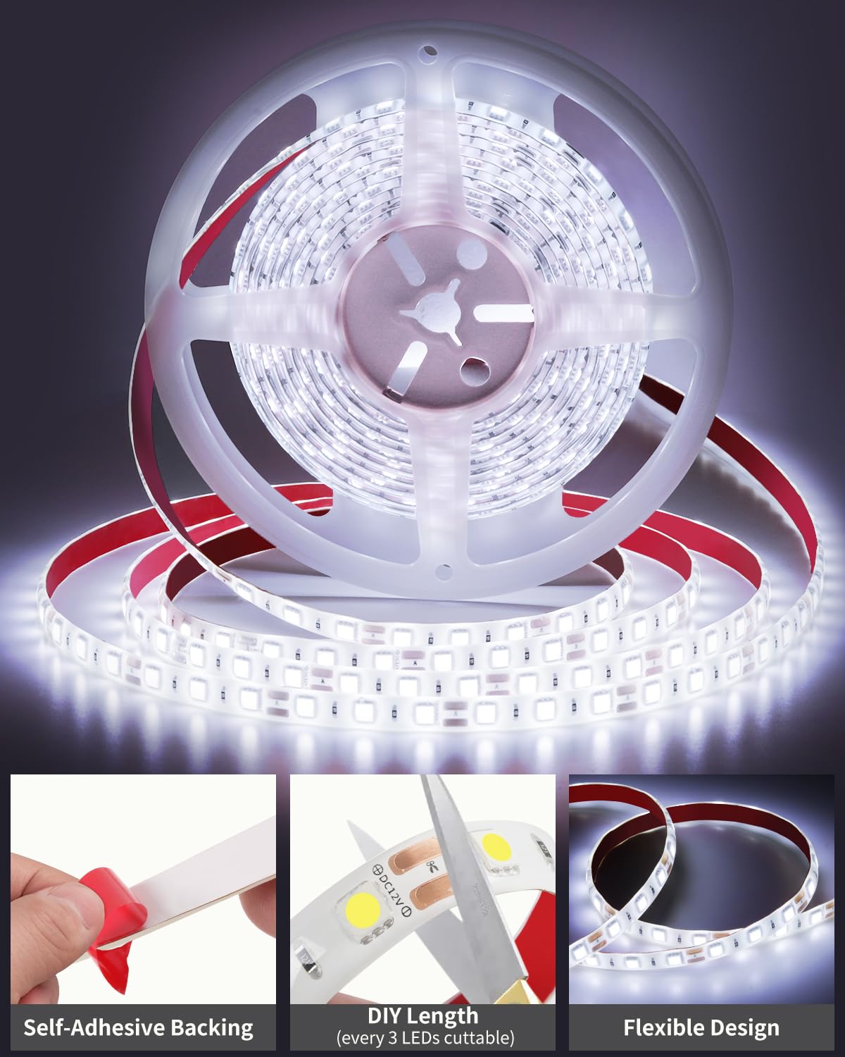 close-up of YAYIT SMD5050 LED strip texture and LEDs, highlights bright even illumination