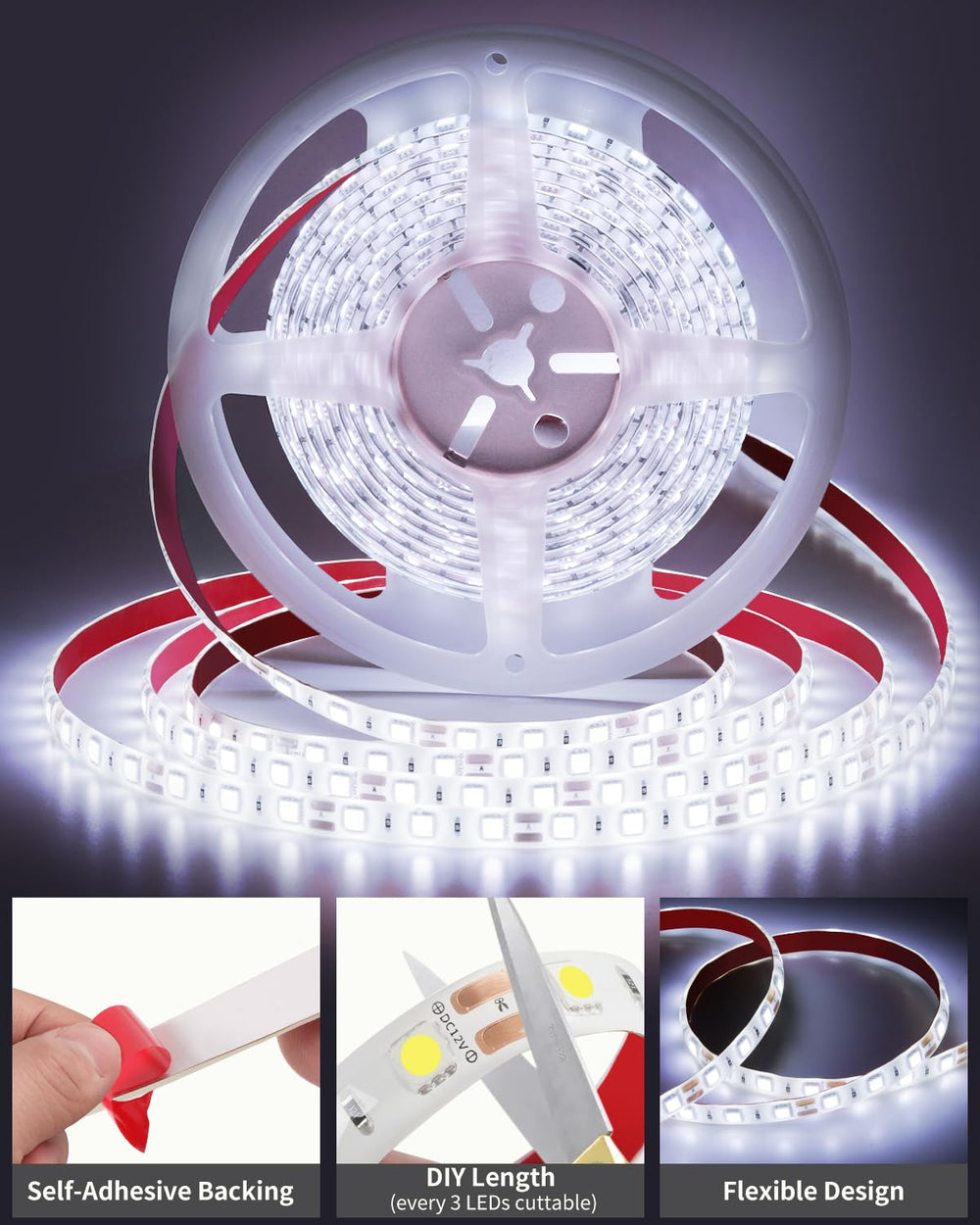 close-up of YAYIT SMD5050 LED strip texture and LEDs, highlights bright even illumination